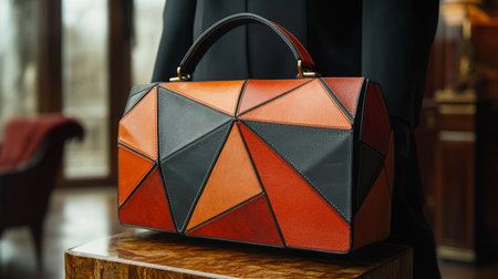 A stylish leather handbag features a distinctive design with varying shades of brown. It rests on a wooden stand, illuminated by natural light in a minimalist indoor space.の素材