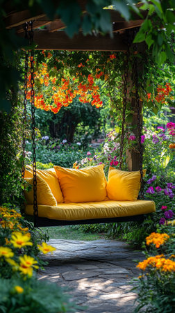 A bright yellow swing hangs from a tree, inviting relaxation amidst colorful flowers and lush greenery on a sunny day.の素材