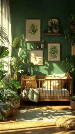 A charming nursery features a wooden crib surrounded by vibrant plants and warm sunlight streaming through the curtains. Colorful decor enhances the inviting atmosphere.の素材