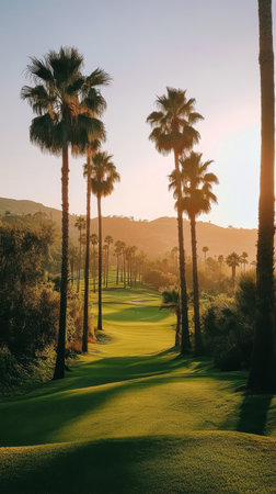 Lush green golf course surrounded by tall palm trees under a warm sunset. The serene landscape is perfect for relaxation and outdoor activities.の素材