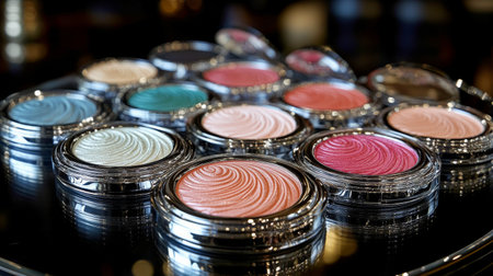 Elegant jewelry boxes with intricate designs are displayed on a reflective tray, showing their beauty under gentle illumination, creating a luxurious atmosphere.の素材