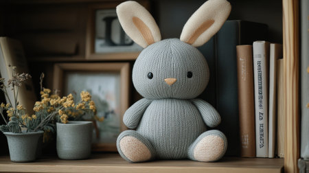 A plush bunny and bear toy are arranged on a wooden shelf. The soft toys are surrounded by decorative items and baskets, creating a warm and inviting atmosphere in the room.の素材