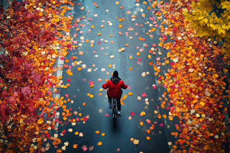 A cyclist in a red jacket rides along a road covered with colorful autumn leaves. The vibrant hues of red, orange, and yellow create a picturesque fall atmosphere.の素材