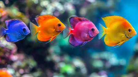 Colorful tropical fish move gracefully through a coral reef environment, showcasing their vibrant hues against the backdrop of the ocean, underwater tranquility, and marine beauty.の素材