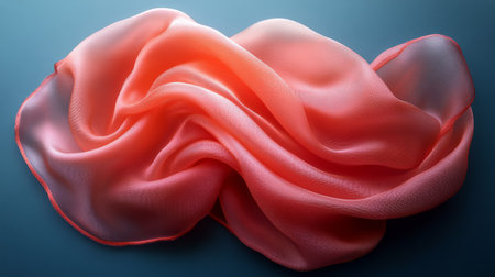 A coral silk fabric is gracefully arranged on a blue surface, highlighting its soft texture and flowing appearance. The light creates beautiful highlights, enhancing its elegance.の素材