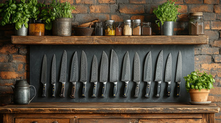 Various types of kitchen knives are neatly organized on a dark shelf. Fresh vegetables like tomatoes and herbs accompany the knives, highlighting culinary preparation.の素材