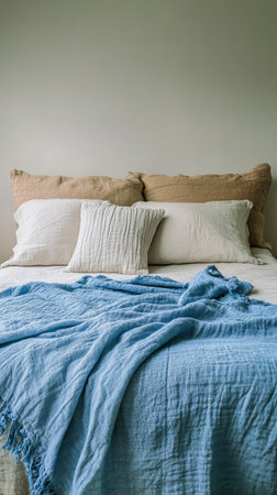 Natural light streams into a serene bedroom, illuminating a neatly made bed with blue bedding and decorative potted plants on the windowsill, creating a cozy retreat.の素材