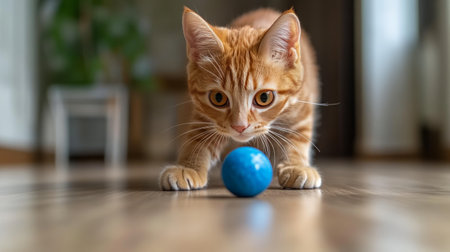 A curious cat approaches an orange ball on a wooden floor. Sunlight streams in, casting playful shadows in a cozy indoor environment.の素材
