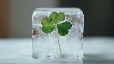 A four leaf clover is positioned on a transparent block of ice, showing dew-like droplets. The setting highlights the contrast between the green clover and the clear ice.の素材