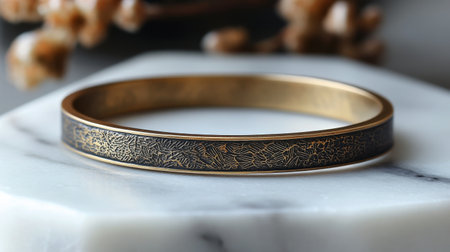 A beautifully crafted gold bangle decorated with black enamel and diamond-shaped accents rests on a smooth surface, showing its intricate design and luxury appeal.の素材