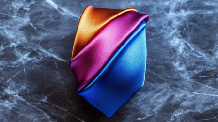 A silk tie is neatly rolled, displaying a stunning gradient of purple, orange, and blue hues. This accessory adds a touch of sophistication to any formal outfit.の素材