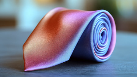 A silk tie is neatly rolled, displaying a stunning gradient of purple, orange, and blue hues. This accessory adds a touch of sophistication to any formal outfit.の素材