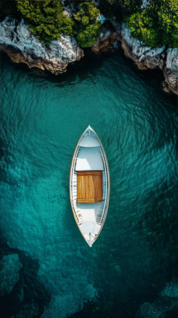 A weathered white rowing boat floats serenely in a foggy lake, surrounded by trees. The still water creates a perfect reflection of the boat, enhancing the tranquil atmosphere.の素材