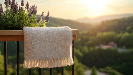 Soft light fills a serene bathroom corner adorned with lush plants, fluffy towels, and a plush rug, creating a calming atmosphere for relaxation.の素材
