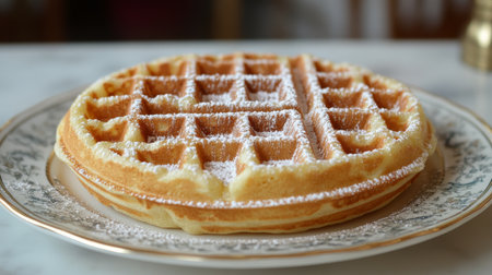 A freshly made waffle sits on a light gray plate, adorned with vibrant strawberries and a sprig of mint, creating an inviting breakfast setting.の素材