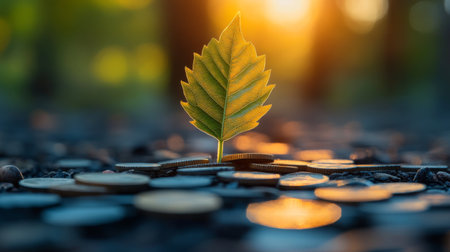 A small green plant emerges from dark soil, with shiny coins scattered around it, capturing the essence of growth and investment. The warm light of sunset creates a serene backdrop.の素材