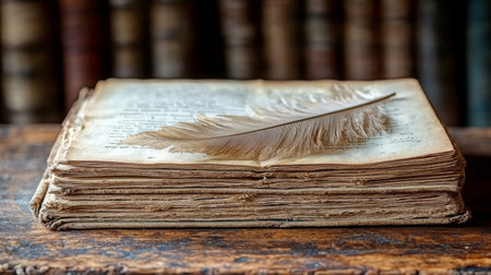 An antique book with worn yellowed pages rests on a wooden table. A delicate quill pen lies gently on top, surrounded by a collection of vintage books in the background.の素材