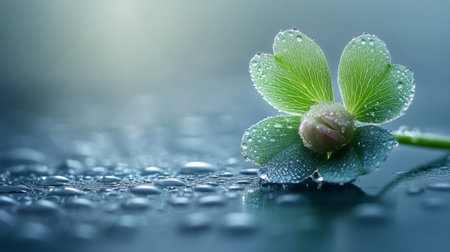 A four-leaf clover sits on a wet surface, showing droplets of water that reflect light. The scene captures a serene moment during early morning with soft bokeh in the background.の素材