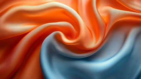 A coral silk fabric is gracefully arranged on a blue surface, highlighting its soft texture and flowing appearance. The light creates beautiful highlights, enhancing its elegance.の素材