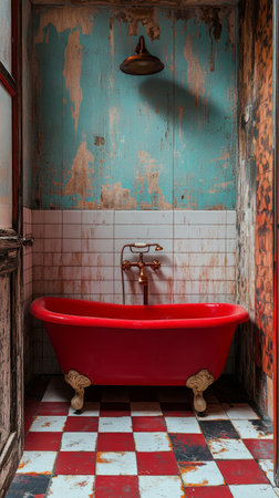 A striking red bathtub takes center stage in a vintage bathroom filled with eclectic art, patterned flooring, and natural light from the window, creating a cozy retreat.の素材