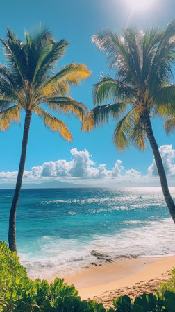 Palm trees line the shore as gentle waves kiss the sandy beach. The bright sun reflects on the calm water, creating a tranquil atmosphere along the coastline.の素材