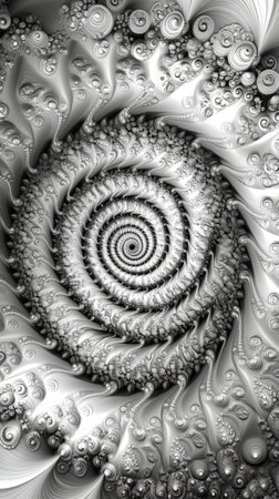 Complex spiral formation showcases a variety of circular shapes and textures, creating a captivating visual experience in monochrome tones, emphasizing depth and detail.の素材