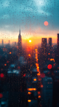 At twilight, the city skyline glows with vibrant lights, illuminating the urban landscape. The colorful sky transitions from orange to purple as night falls.の素材