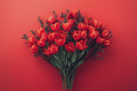 A large bouquet of bright red tulips is beautifully arranged against a vibrant red background, creating a striking visual effect. The flowers exhibit lush green stems and leaves.の素材