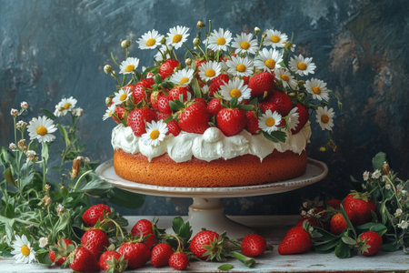 A beautifully decorated cake sits in a garden, adorned with vibrant strawberries and delicate daisies, perfect for a joyful celebration in nature.の素材