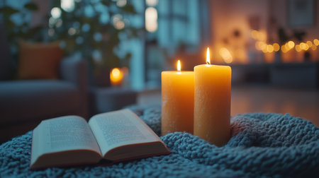 A warm and inviting reading space features a fluffy orange throw blanket, an open book, a glowing candle, and a potted plant beside large windows overlooking a rainy landscape.の素材