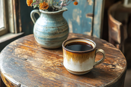 A rustic wooden table holds a steaming cup of black coffee beside a pottery pitcher filled with dried flowers, creating a warm and inviting atmosphere perfect for relaxation.の素材