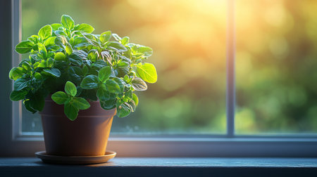 Lush green herbs thrive in a terracotta pot on a windowsill, illuminated by warm sunlight streaming in, creating a peaceful ambiance in the room.の素材