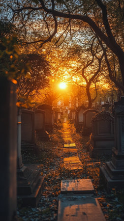 Golden sunlight filters through trees, illuminating a narrow path in a serene cemetery. Gravestones line the walkway, enhancing the peaceful atmosphere at dusk.の素材