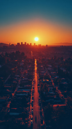 A breathtaking sunset paints the sky in vibrant colors as sunlight reflects off a city skyline.の素材
