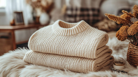 A cream-colored sweater rests on a soft, fluffy blanket near a window. Gentle sunlight casts a warm glow, enhancing the cozy atmosphere of the room.の素材