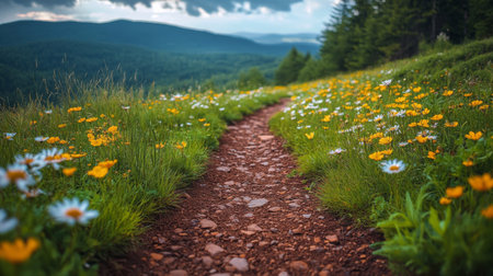 A winding dirt path leads through lush grass and vibrant wildflowers along cliffs, overlooking the expansive ocean under a clear blue sky on a sunny day.の素材