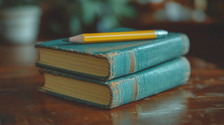 Two worn green books are stacked on top of each other on a wooden table. A yellow pencil rests on the top book in a softly-lit study environment filled with warmth.の素材