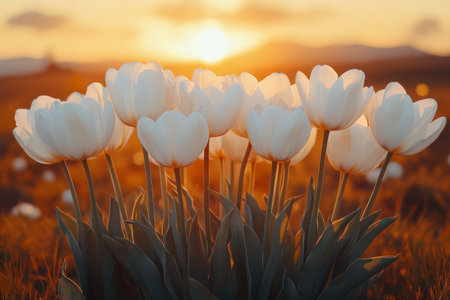 Bright white tulips stand tall with green stalks, creating a beautiful contrast against a vivid orange backdrop, showing the beauty of spring and nature.の素材