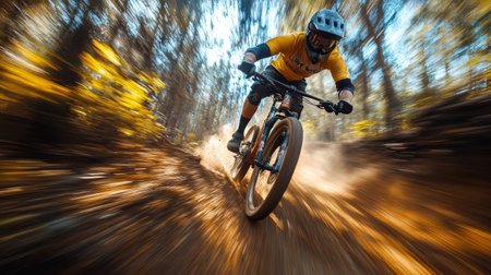 A skilled mountain biker rides swiftly on a muddy trail surrounded by tall trees and autumn foliage. The cyclist wears protective gear and showcases focus and agility during the ride.の素材