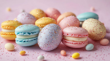 Brightly colored Easter eggs are artistically arranged on a light blue surface, showing various patterns and textures that celebrate the festive atmosphere.の素材