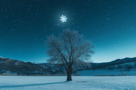 A quaint house lies surrounded by fresh snow as dusk settles in. The darkening sky is illuminated by twinkling stars and a soft snowfall enhances the winter atmosphere.の素材