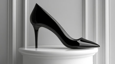A sleek black high heel shoe rests prominently on a white pedestal. The dark textured background enhances the shoe's elegance, highlighting its design and shine.の素材