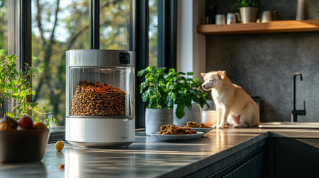 In a bright kitchen, an automatic dog treat dispenser stands next to a bowl of treats and a potted plant, while a dog quietly sits on the countertop, enjoying the atmosphere.の素材