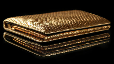 A stylish metallic clutch purse lies on a sleek reflective surface, highlighting its unique textured pattern and luxurious appeal. The warm tones create an eye-catching effect.の素材