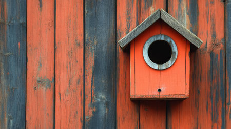 A charming birdhouse, crafted from rich wood, is attached to a textured wooden wall. The warm sunlight creates beautiful shadows, enhancing the tranquil atmosphere.の素材