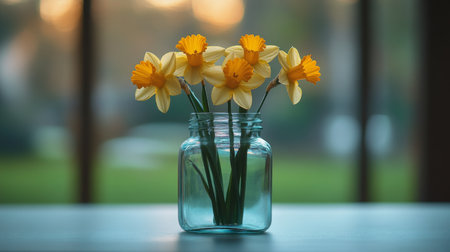Bright yellow daffodils are arranged elegantly in a clear glass jar, set on a stone surface in a vibrant garden filled with lush greenery during warm spring sunlight.の素材