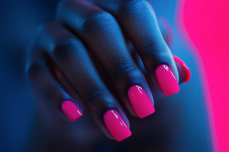 A close-up view of well-manicured bright pink nails against a vivid neon blue background, emphasizing artistic expression and modern trend in nail design.の素材