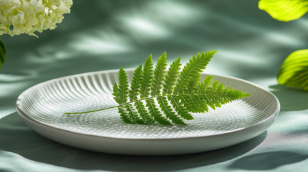 A vibrant green fern is elegantly arranged on a white plate, resting on a softly draped pastel fabric, creating a calm and serene atmosphere with natural light enhancing the scene.の素材