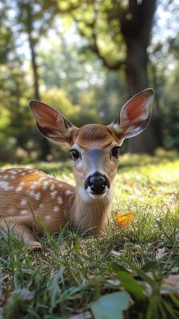 A young fawn lies comfortably on lush green grass in a sunlit forest clearing, surrounded by tall trees and soft foliage, enjoying a peaceful moment in nature.の素材
