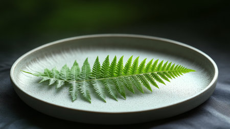 A vibrant green fern is elegantly arranged on a white plate, resting on a softly draped pastel fabric, creating a calm and serene atmosphere with natural light enhancing the scene.の素材